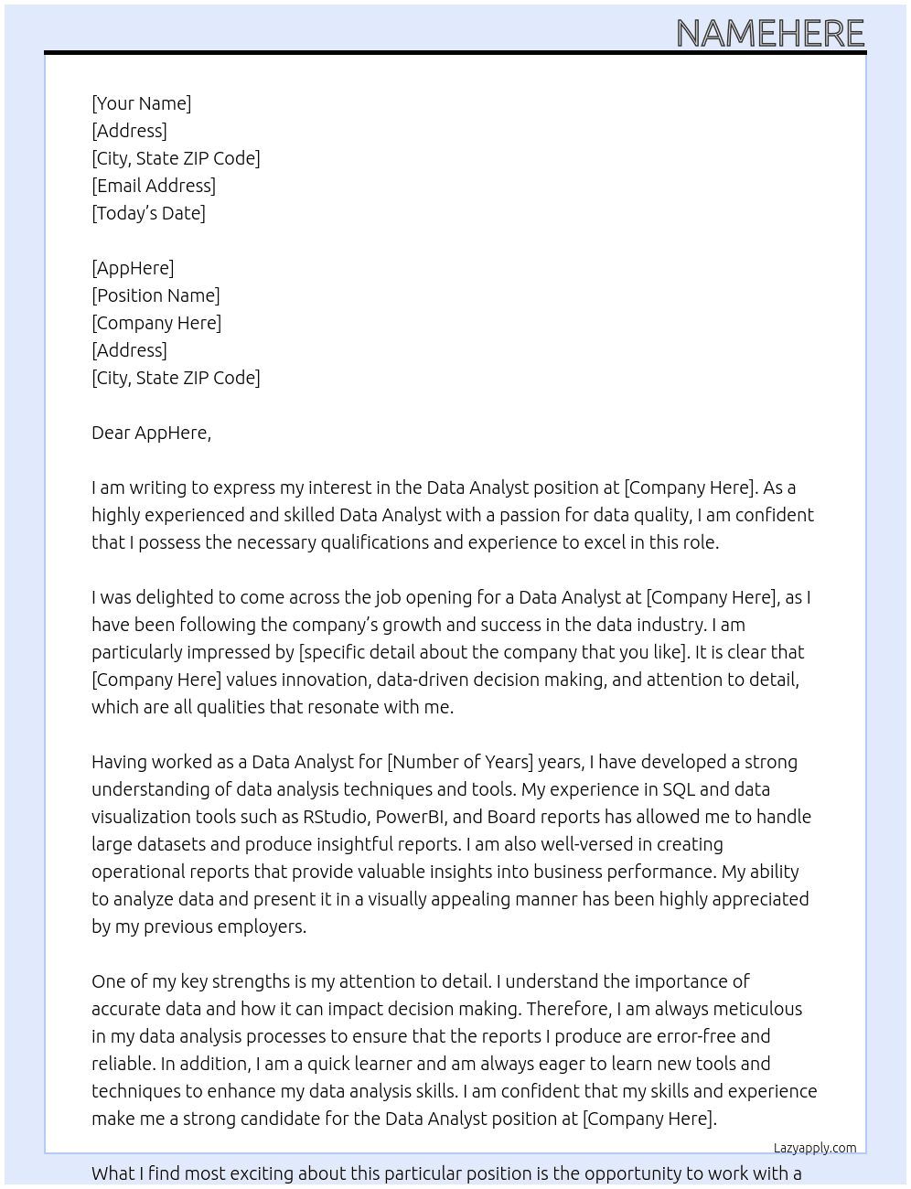 Data analyst At COMPANYHERE Cover Letter