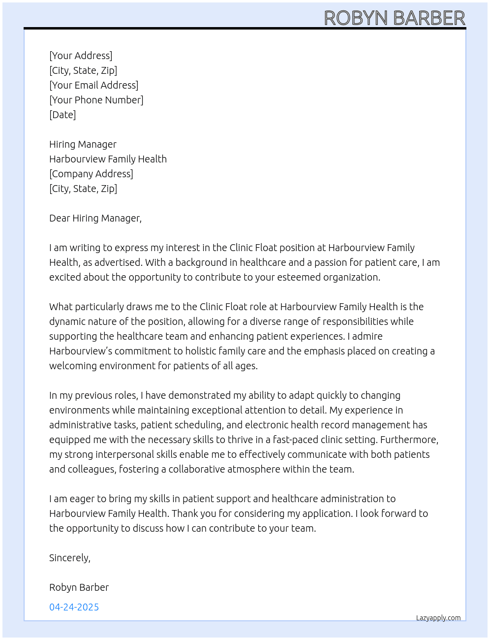 Clinic Float At Harbourview Family Health Cover Letter