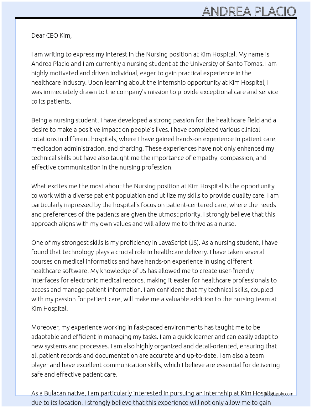 Nursing  At Kim hospital  Cover Letter