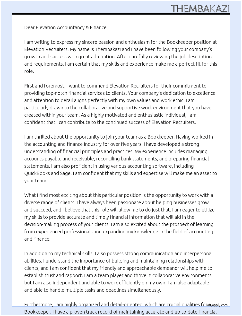 Bookkeeper  At Elevation recruiters  Cover Letter