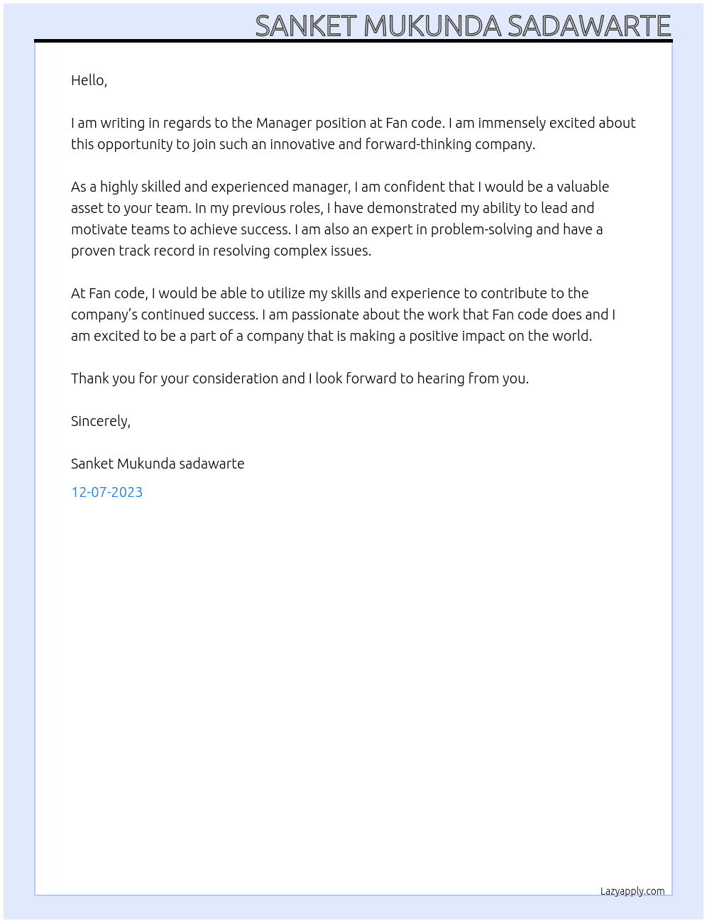 Manager At Fan code Cover Letter