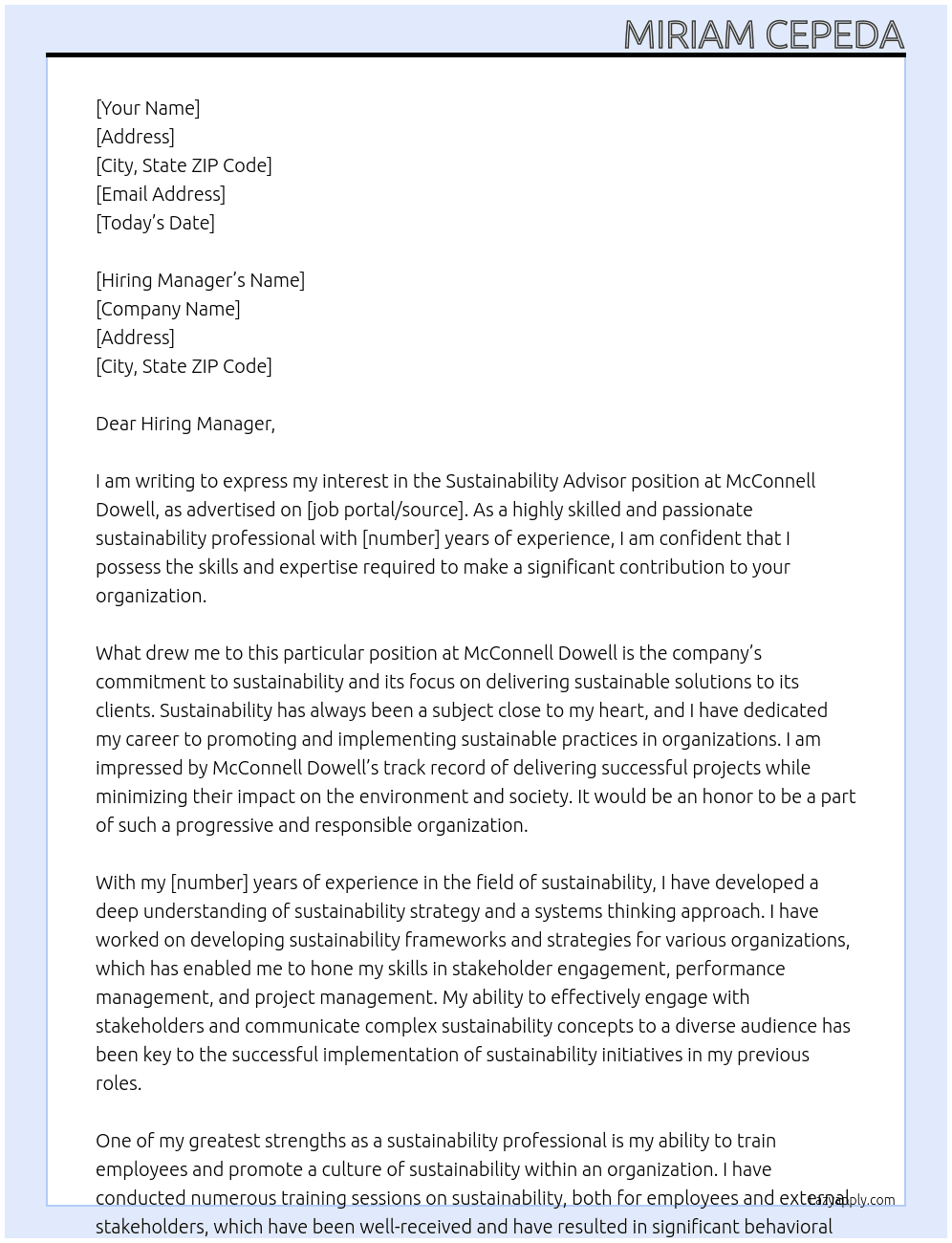 Sustainability Advisor At McConnell Dowell Cover Letter