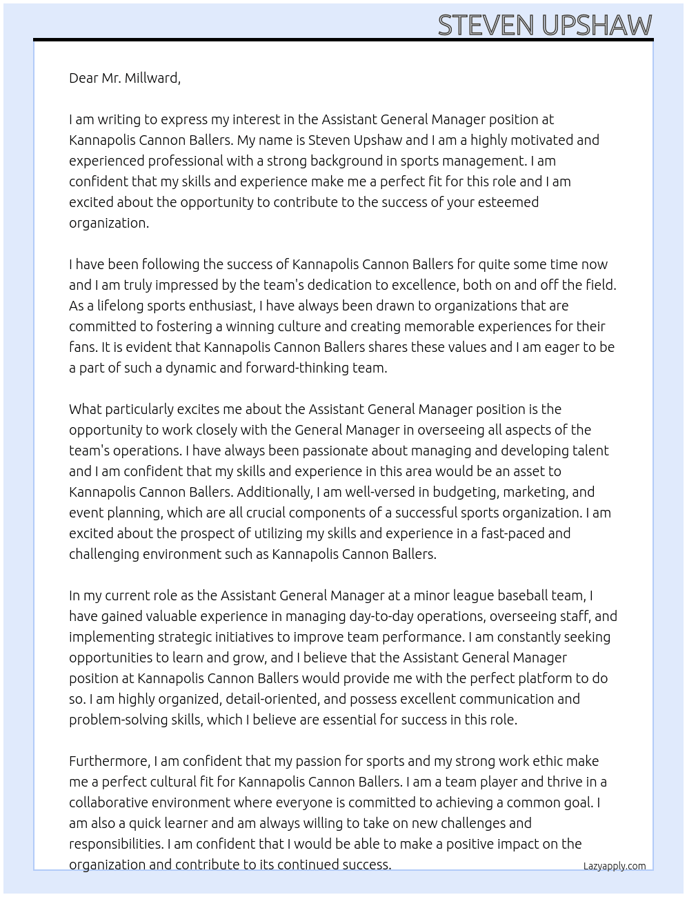 Assistant General manager At Kannapolis Cannon Ballers Cover Letter