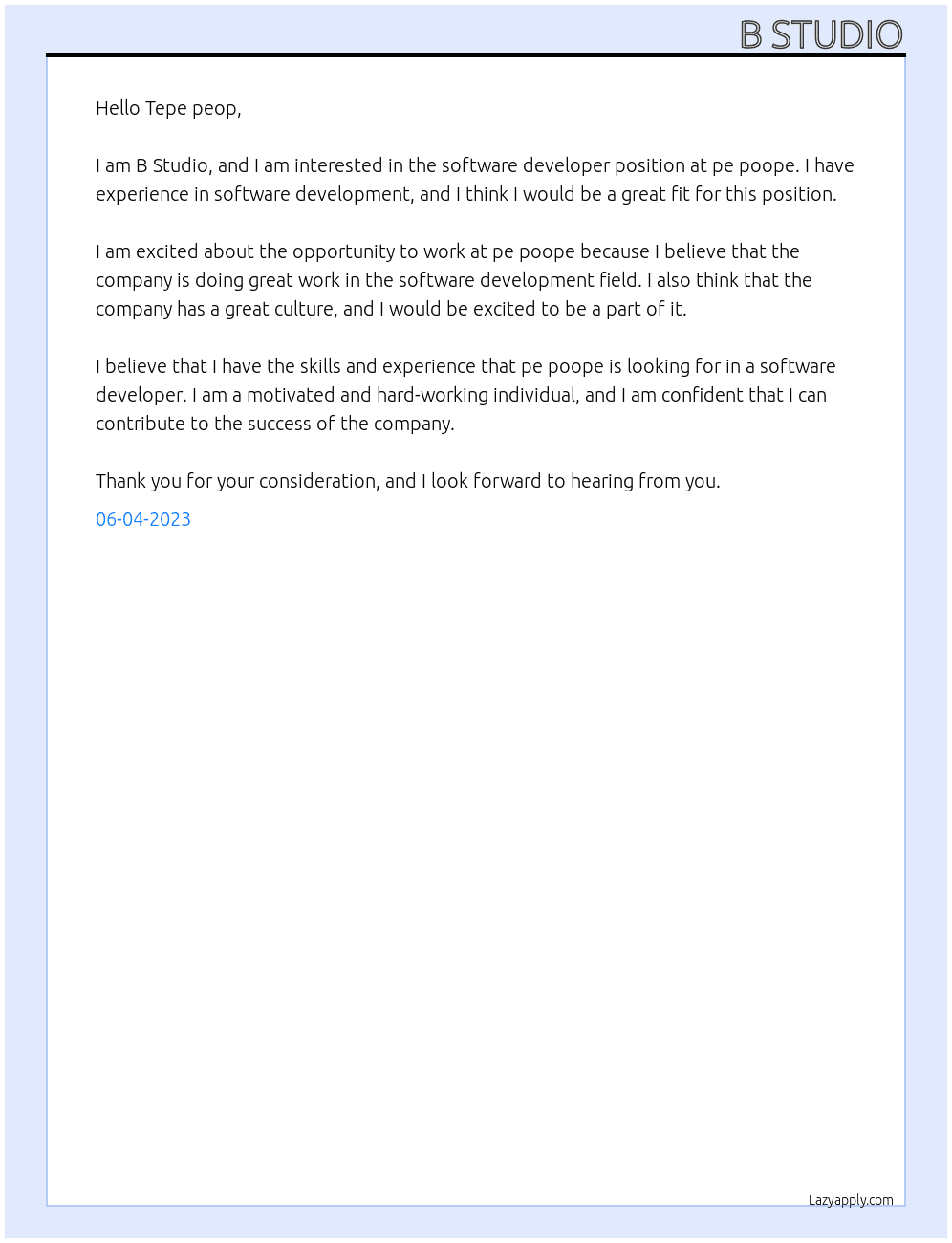 software developer At pe poope Cover Letter