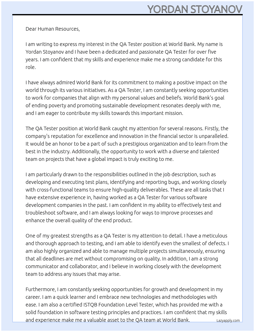 QA Tester At World bank Cover Letter