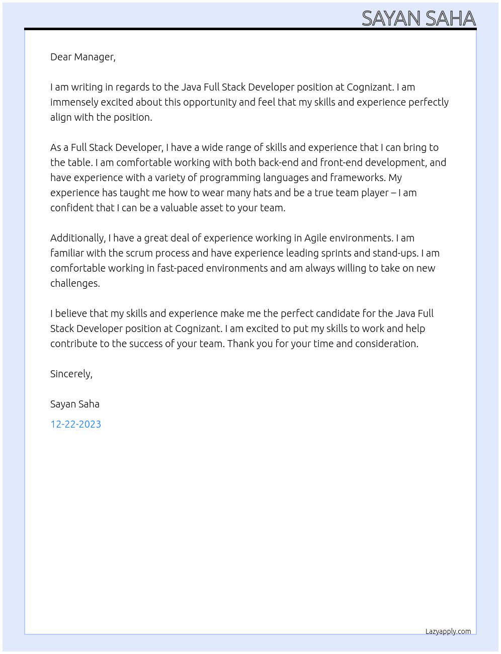Java Full Stack Developer At Cognizant Cover Letter