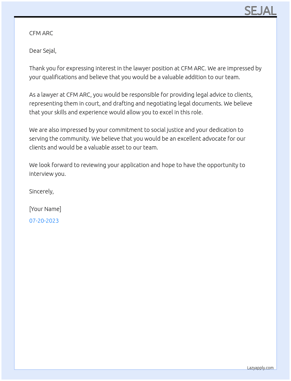 Lawyer, legal, advocate, associate  At CFM ARC Cover Letter