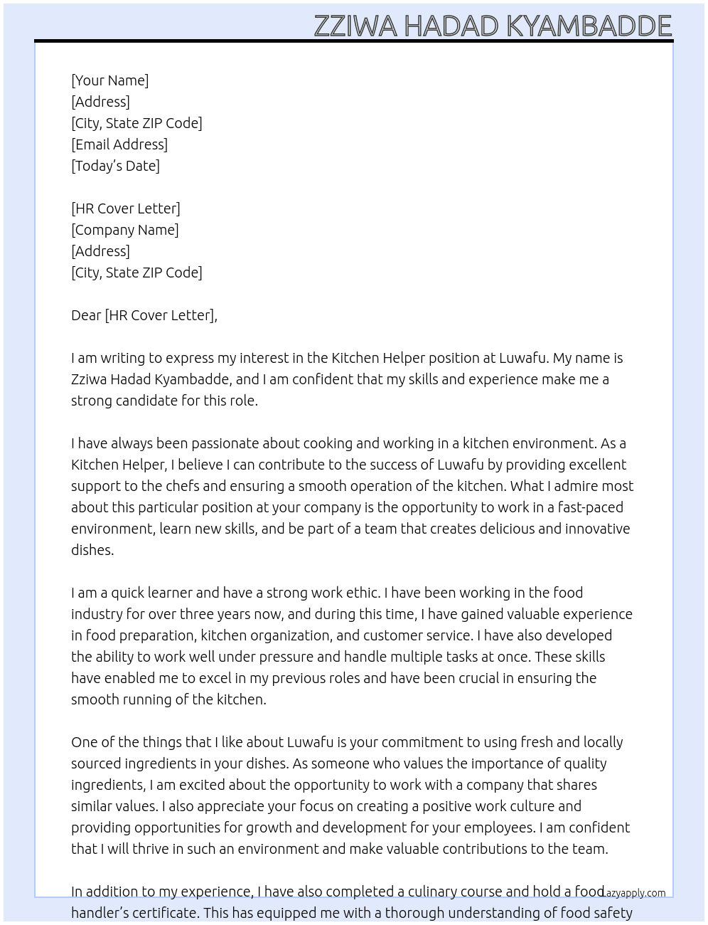 KITCHEN HELPER At LUWAFU Cover Letter