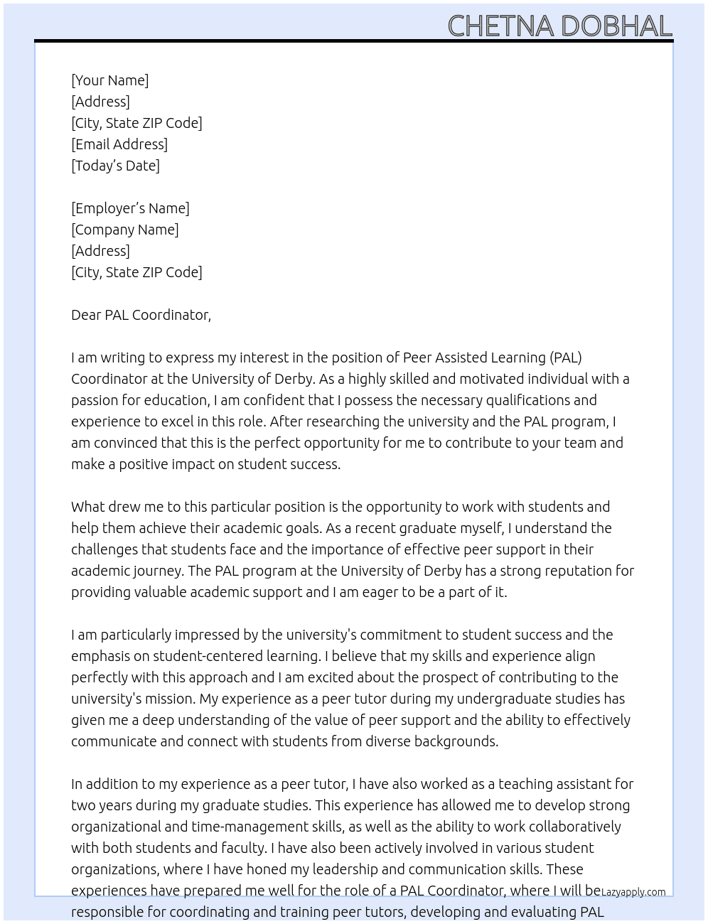 Peer Assisted Learning (PAL) At University of Derby Cover Letter