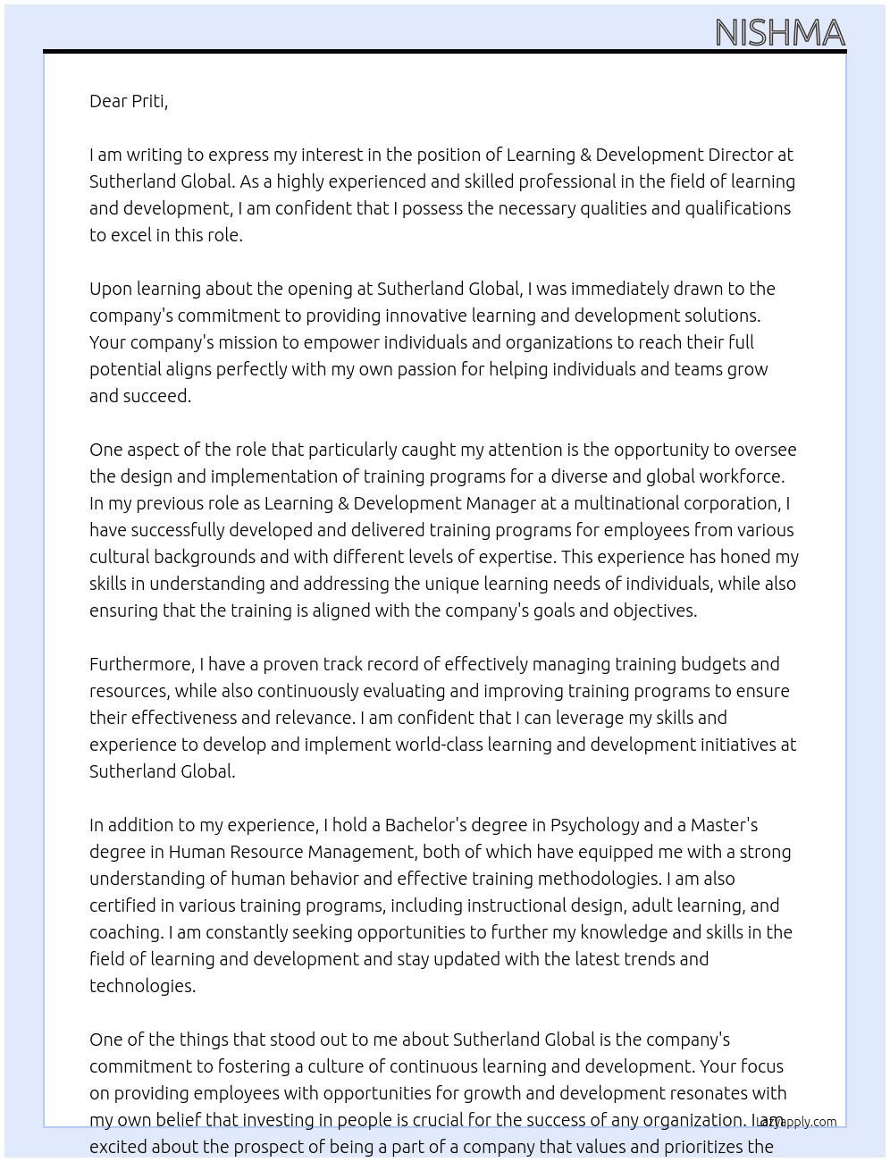 Learning & development director At sutherland global Cover Letter