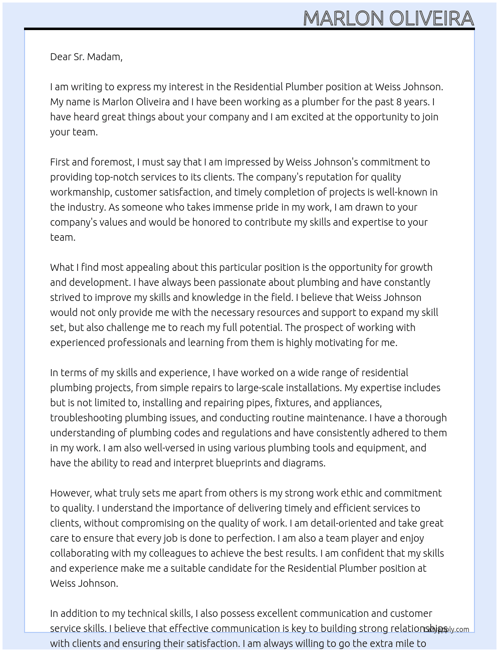 Residential Plumber At Weiss Johnson Cover Letter