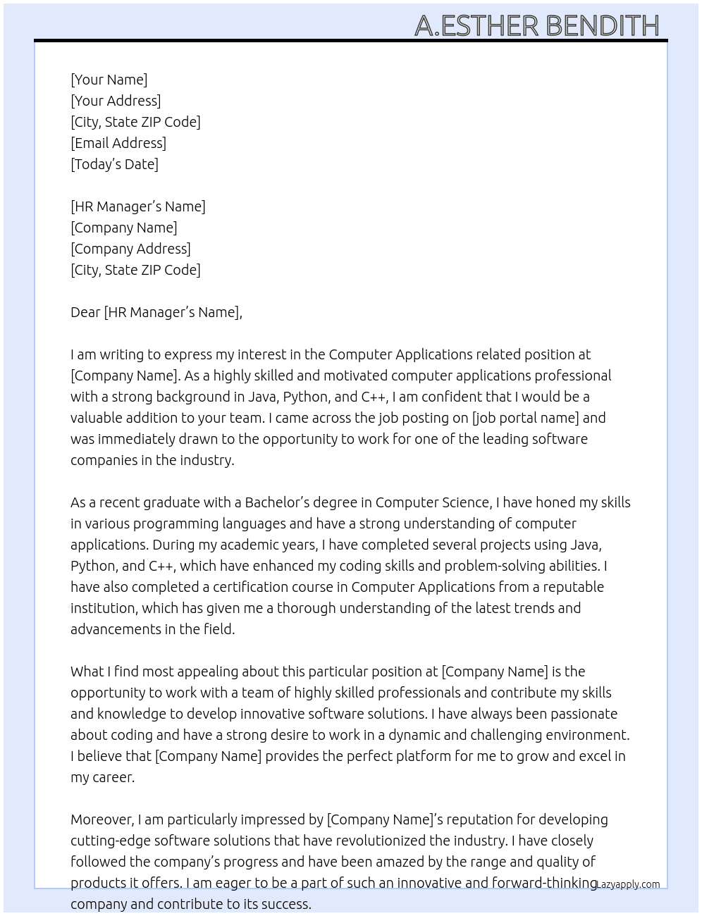Computer applications related  At Software companies  Cover Letter