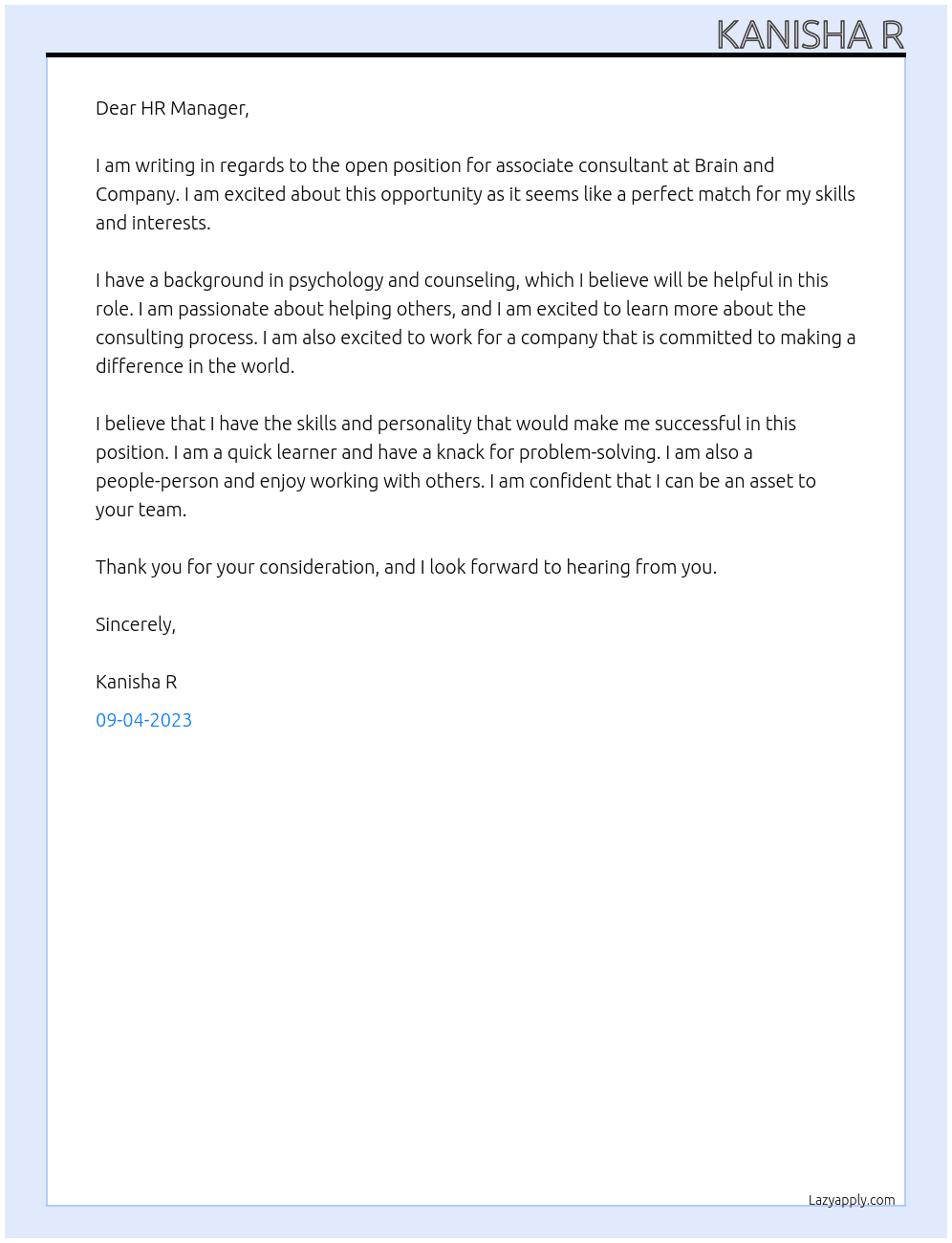 associate consultant At brain and company Cover Letter