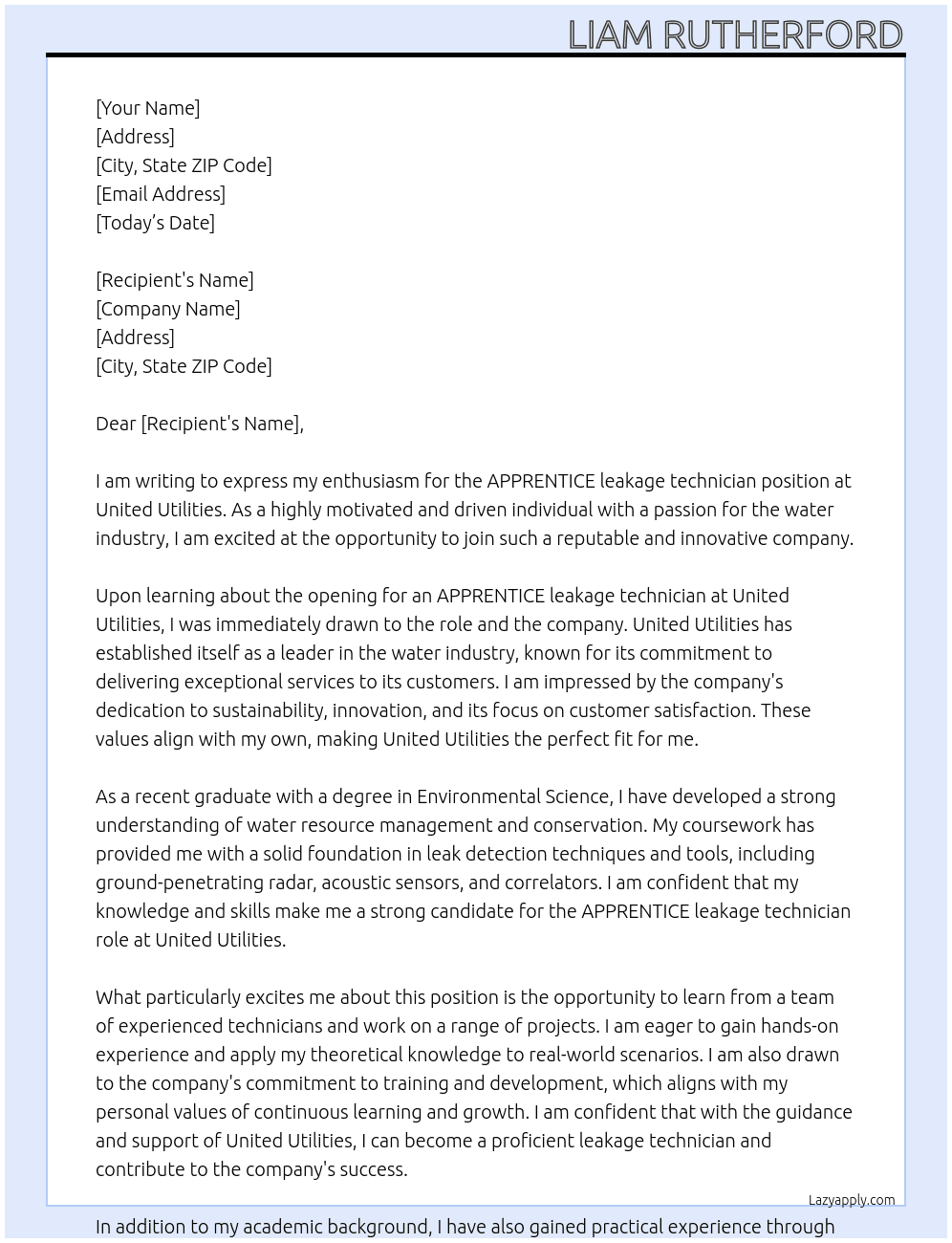 APPRENTICE leakage technician At United Utilities Cover Letter