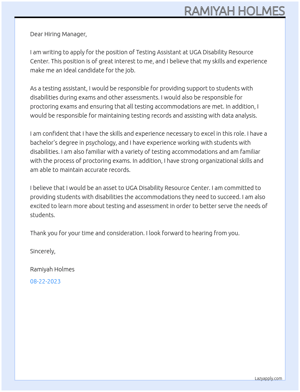 Testing Assistant At UGA Disability Resource Center Cover Letter