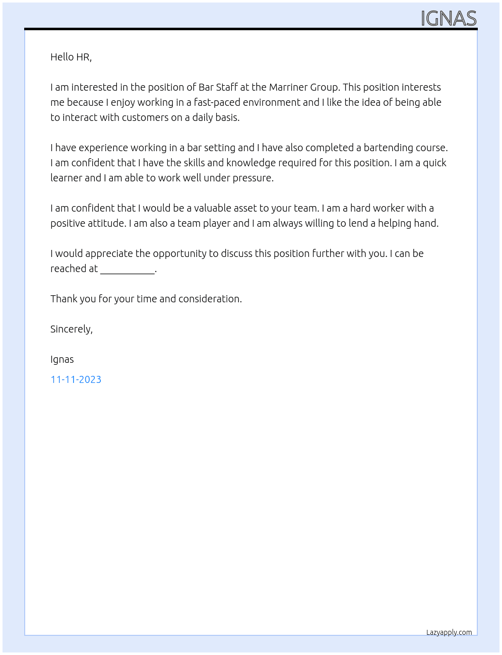 Bar Staff At Marriner Group Cover Letter
