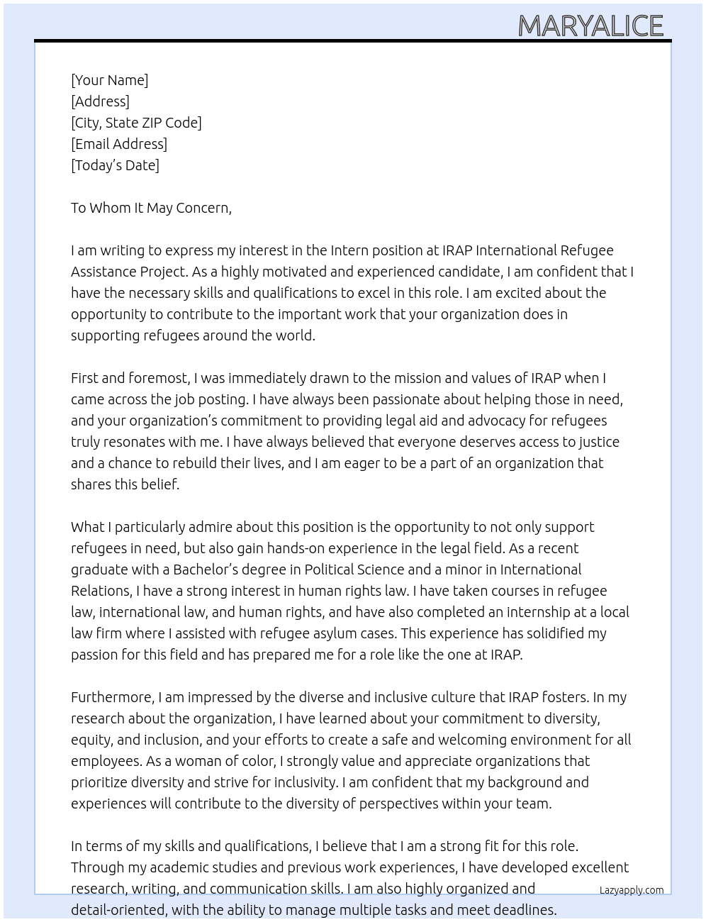 Cover letter for iternn - LazyApply