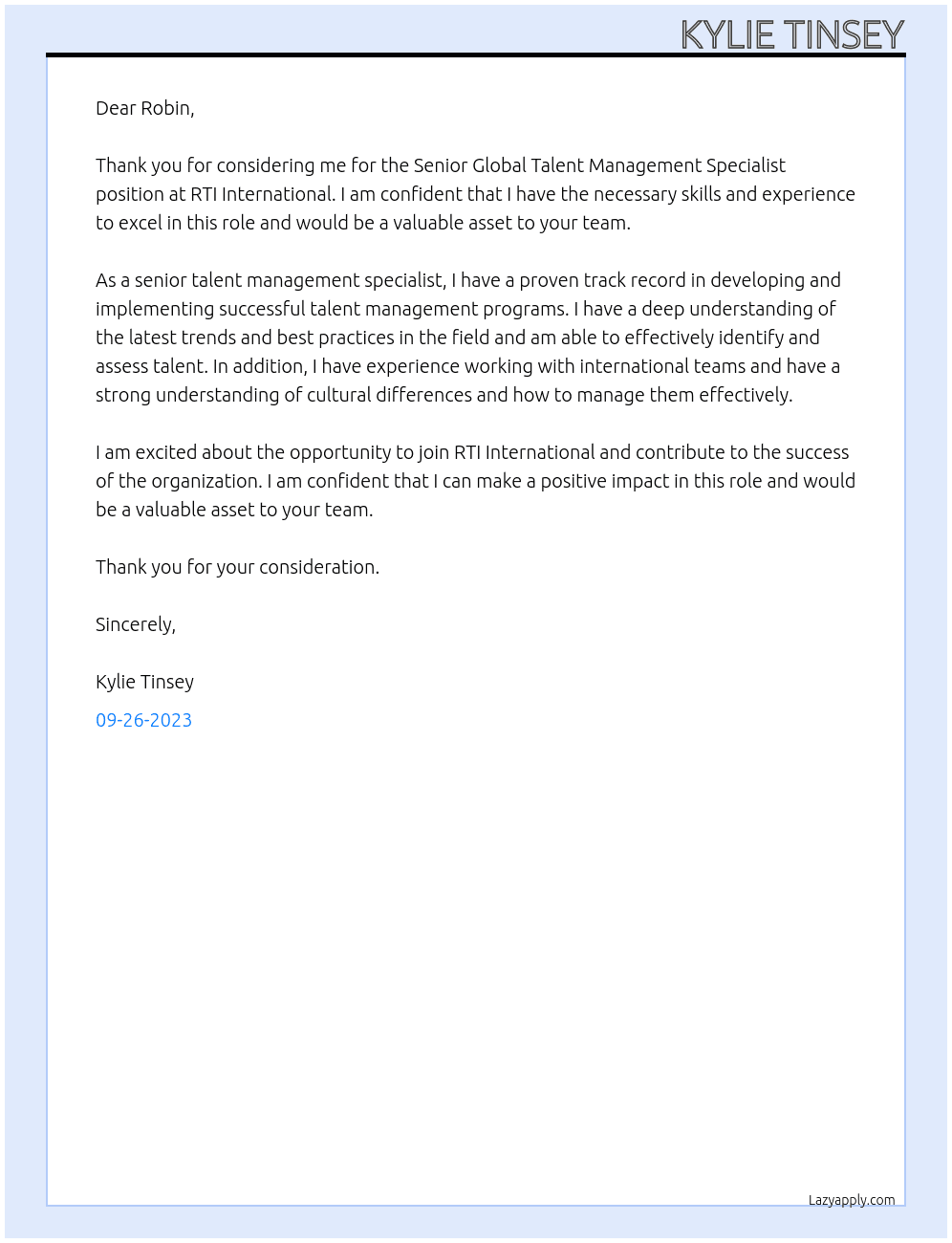 Senior Global Talent Management Specialist At RTI International Cover Letter