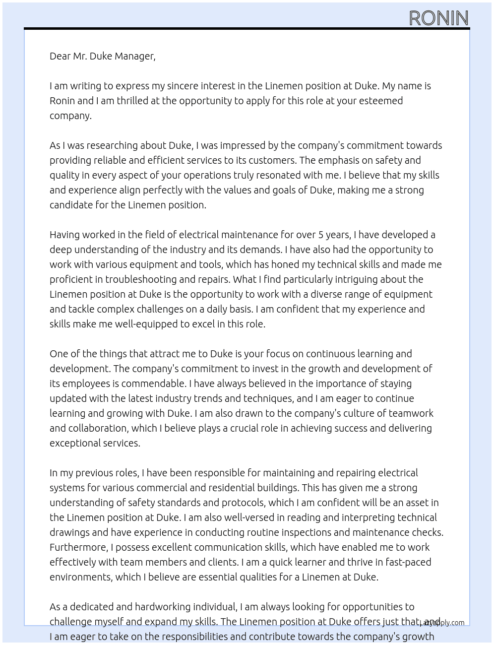 linemen At duke Cover Letter