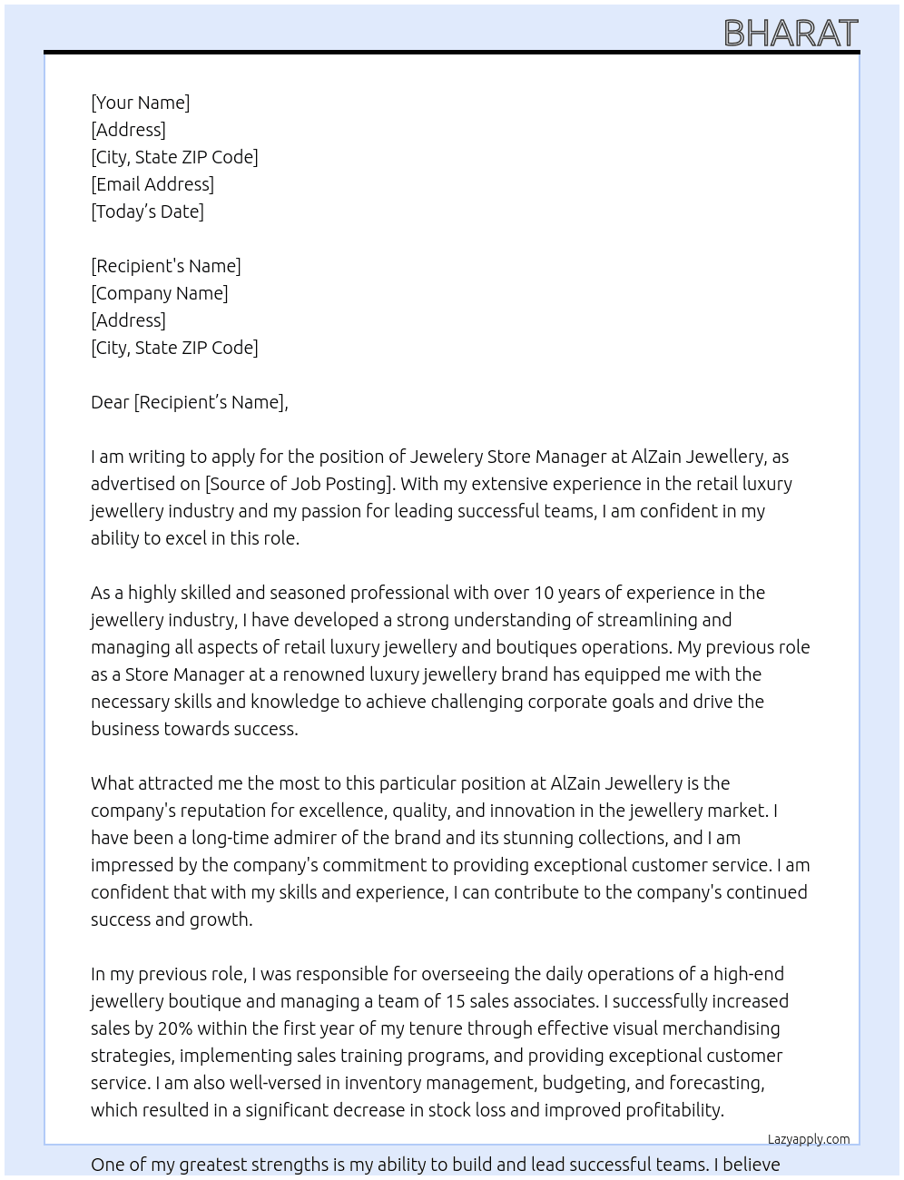 Jewelery Store Manager At AlZain Jewellery Cover Letter