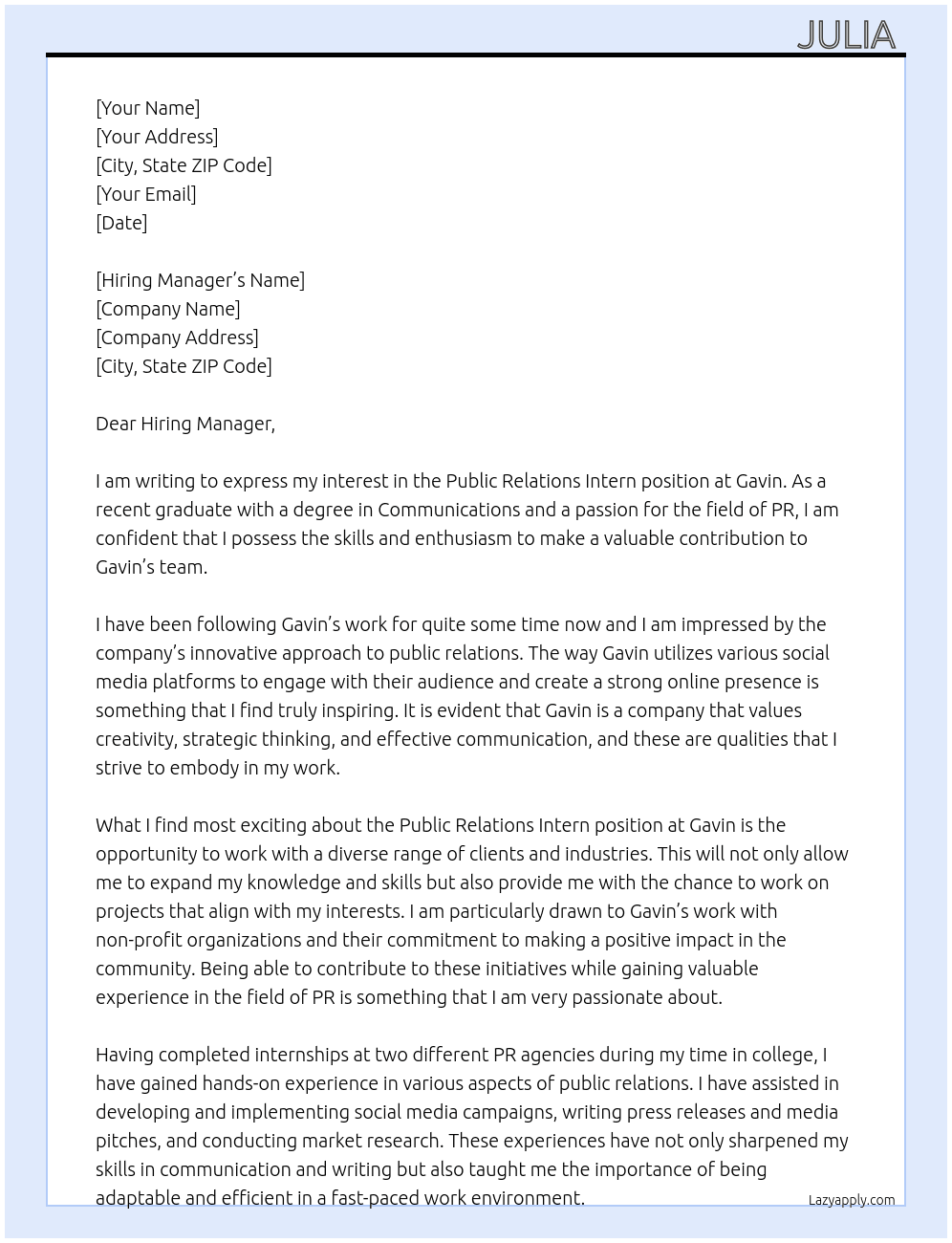 Public Relations Intern At Gavin Cover Letter