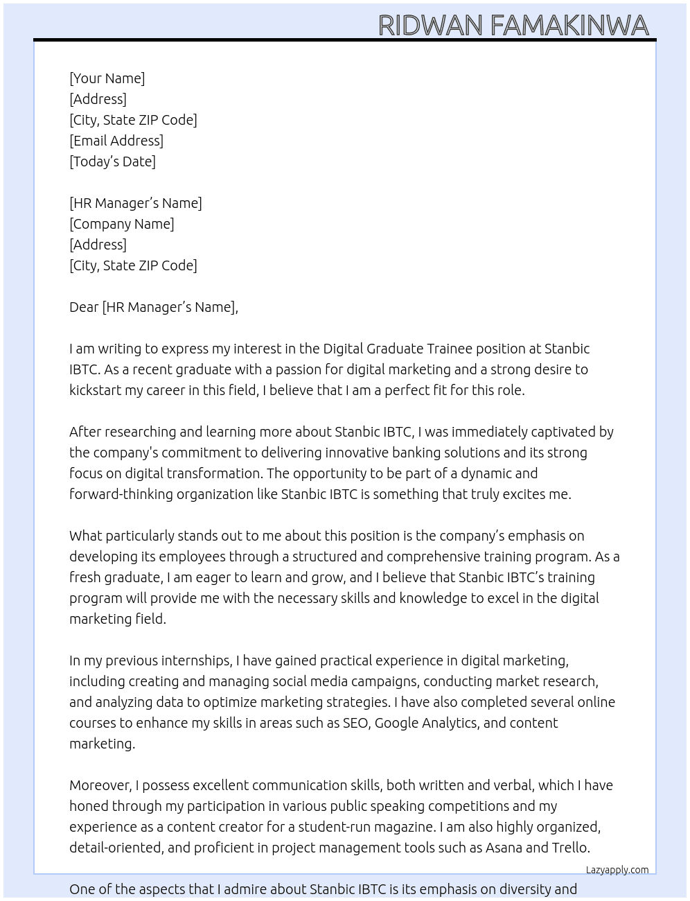 Digital graduate Trainee At Stanbic IBTC  Cover Letter