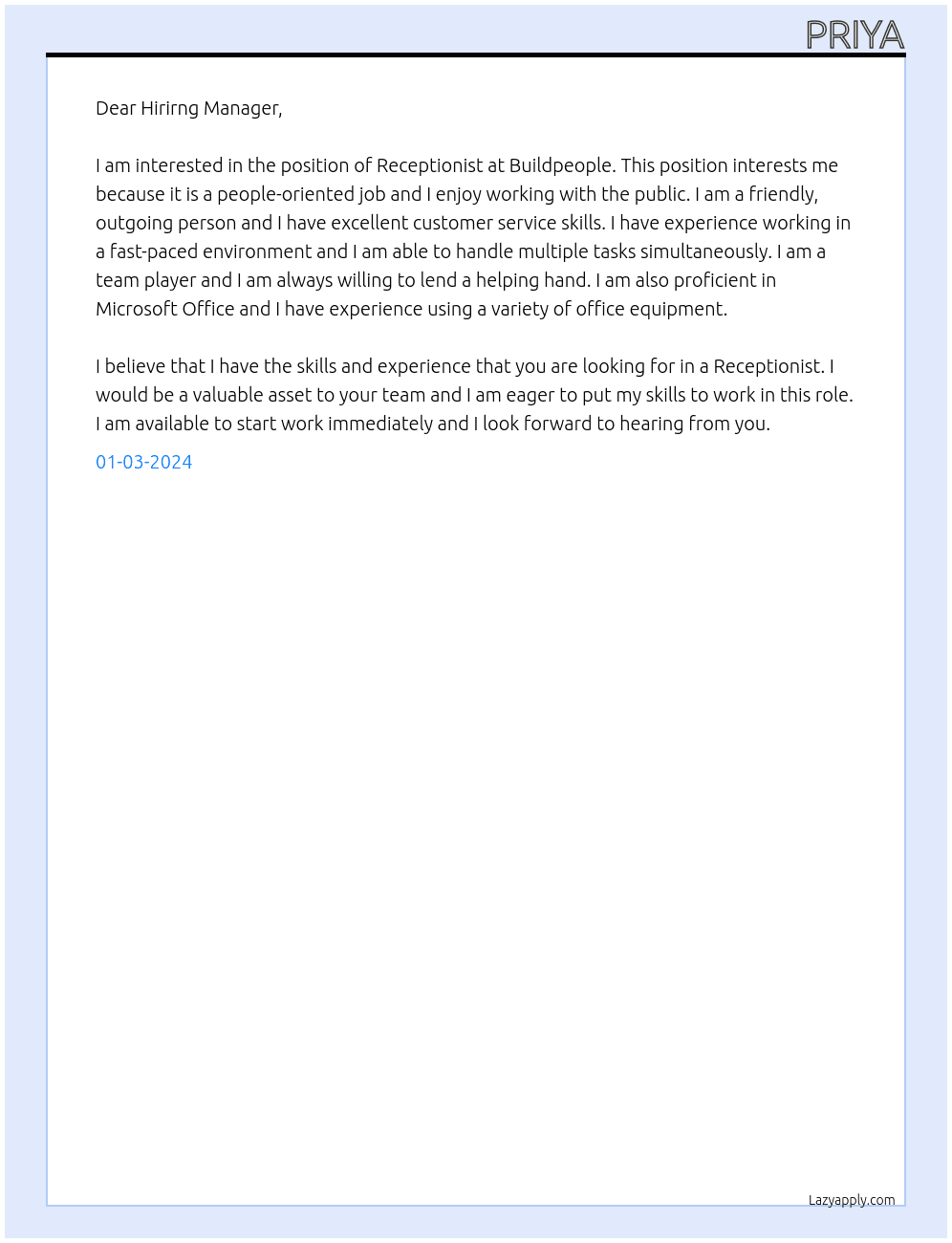 Receptionist At buildpeople Cover Letter