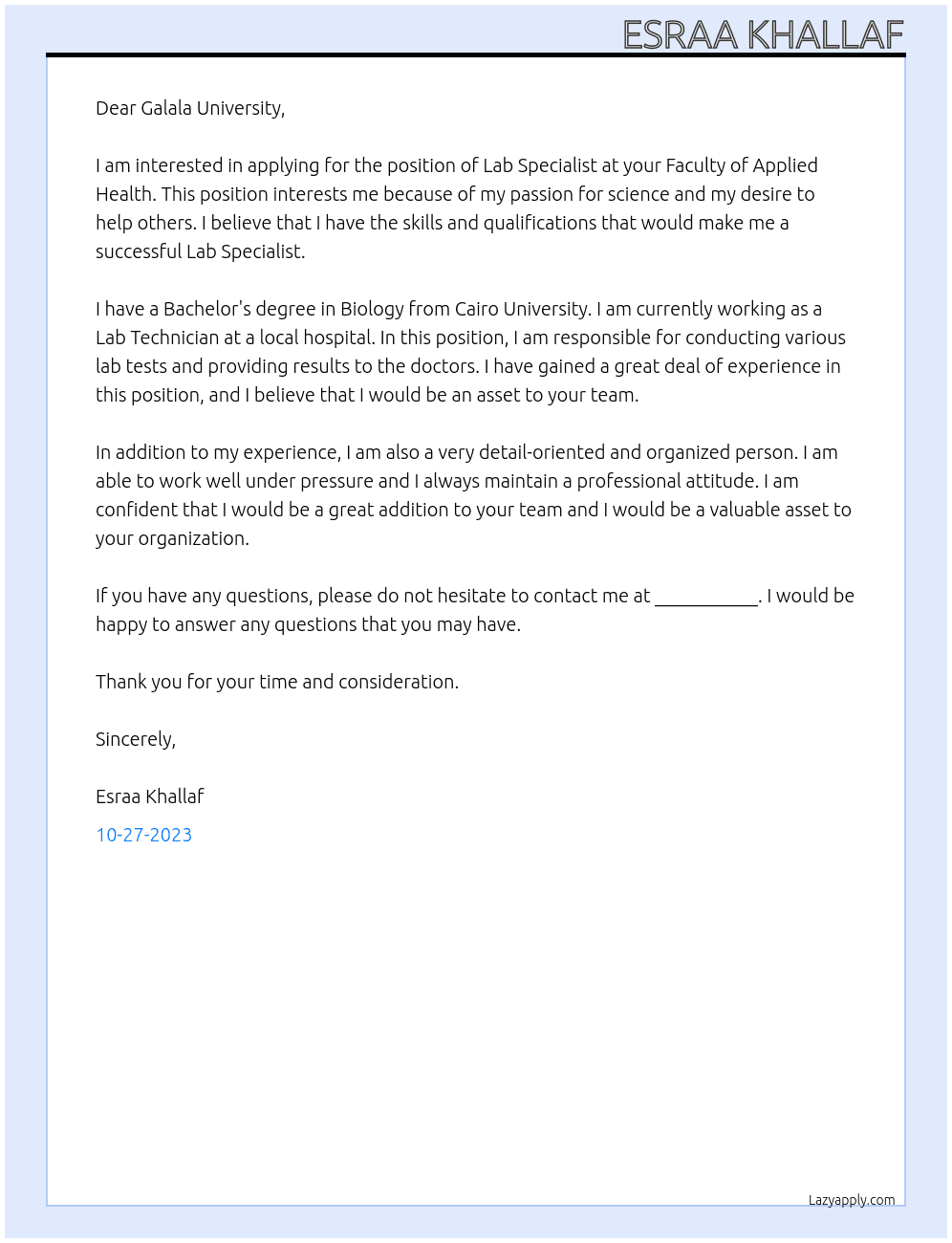 Lab specialist  At Galala University, Faculty of Applied Health Cover Letter