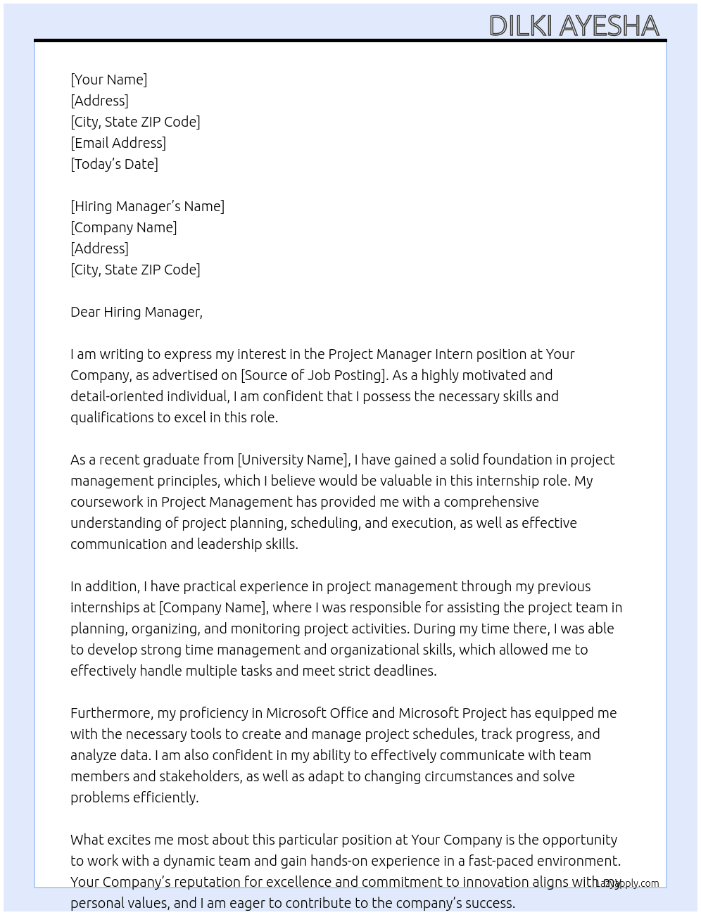 Project Manager intern At Your Company Cover Letter