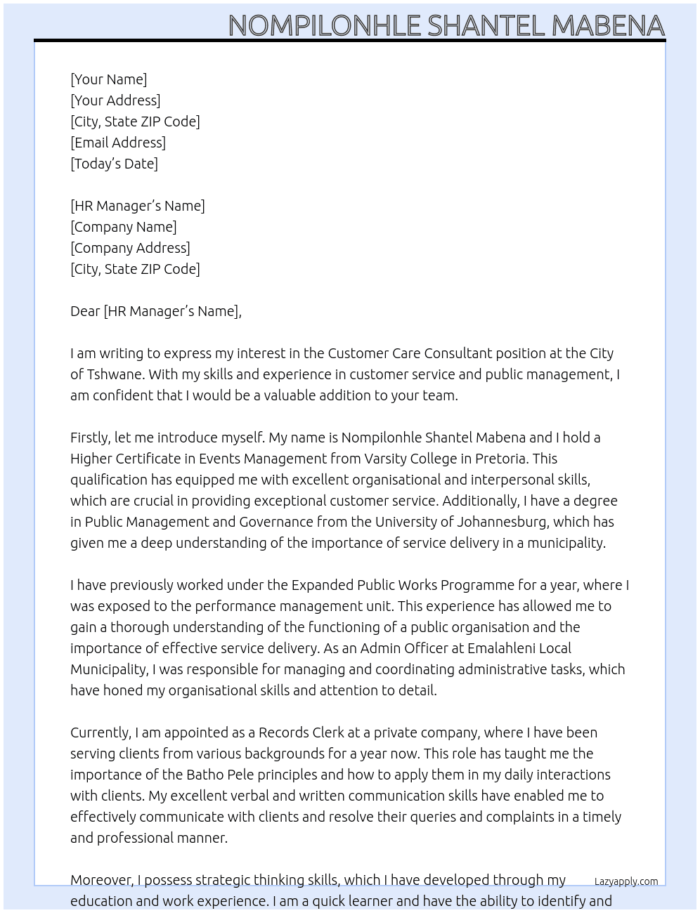 customer care consultant  At city of tshwane Cover Letter