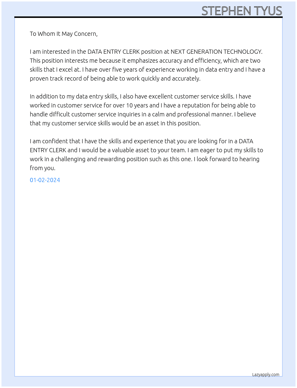 DATA ENTRY CLERK At NEXT GENERATION TECHNOLOGY Cover Letter