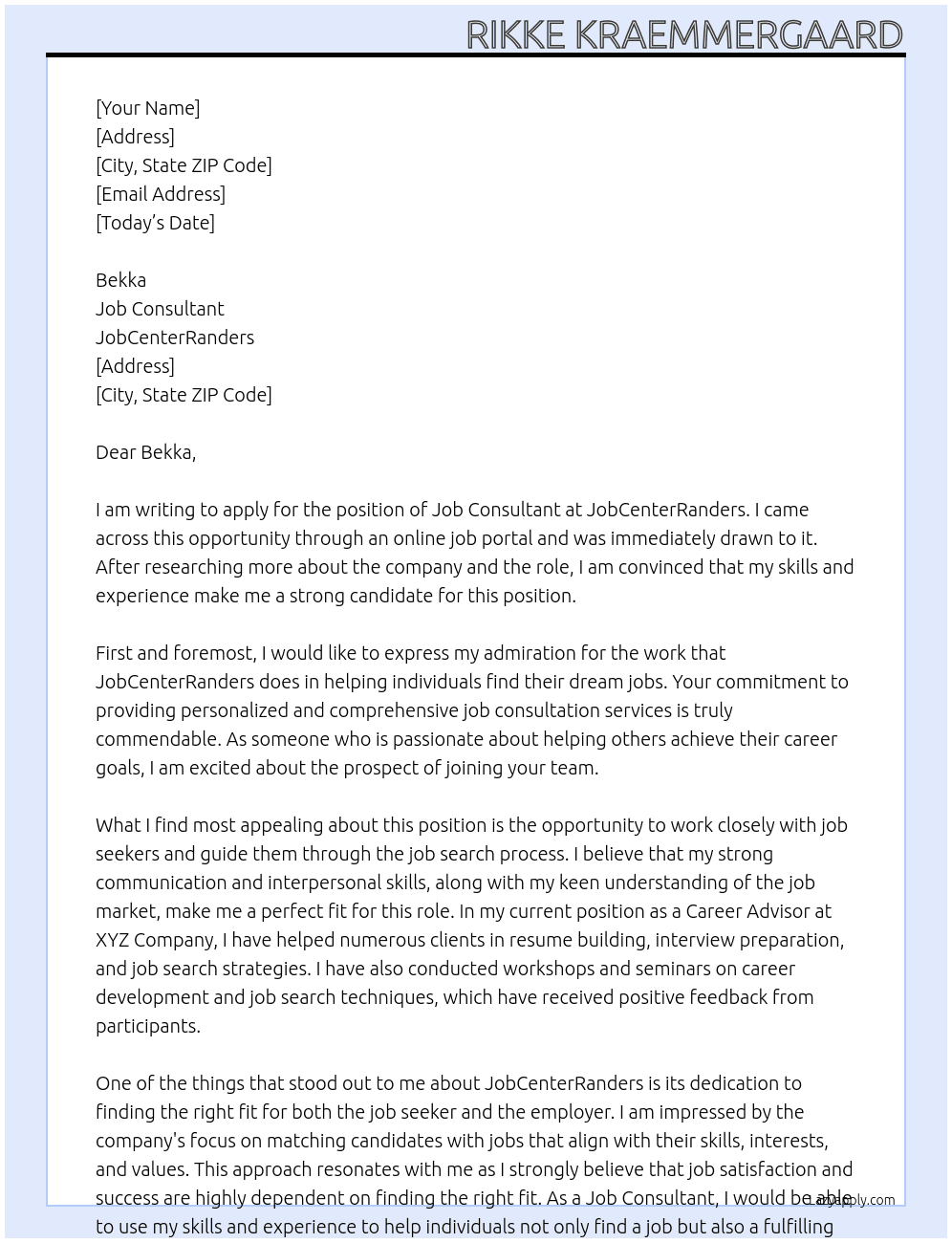 job consultant At JobCenterRanders Cover Letter