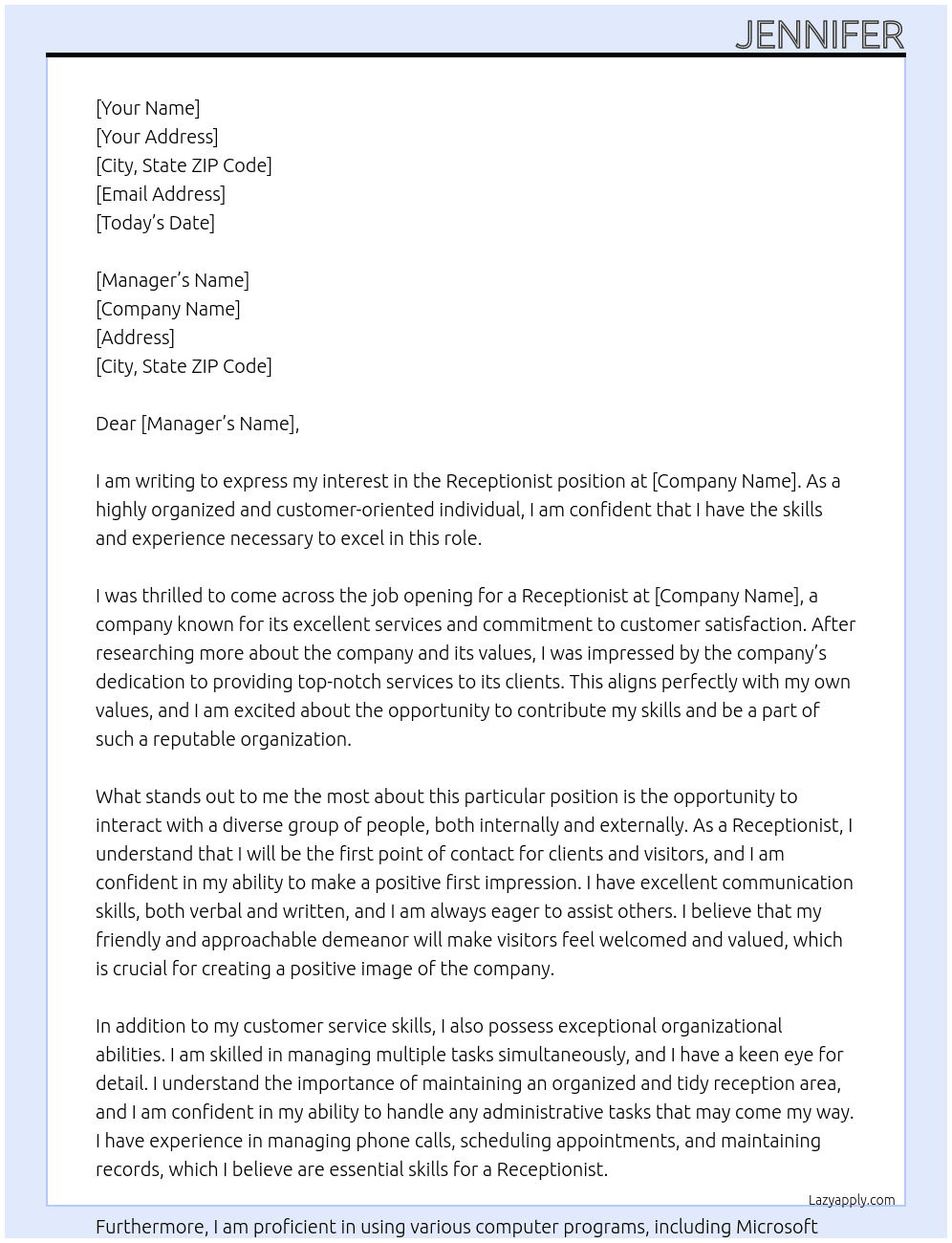 Recpetionist  At this role Cover Letter