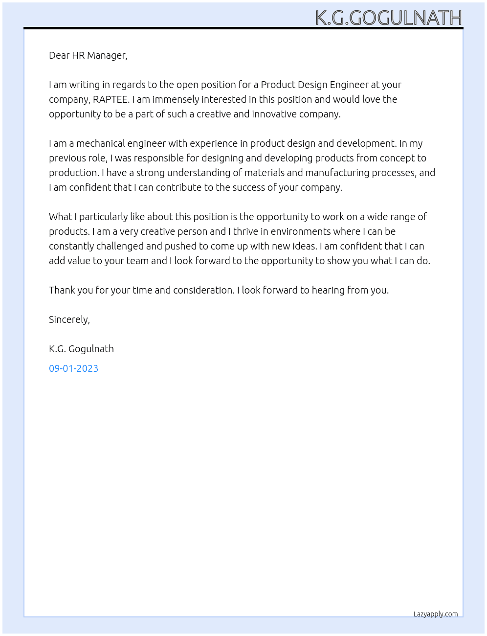 product design engineer At RAPTEE Cover Letter