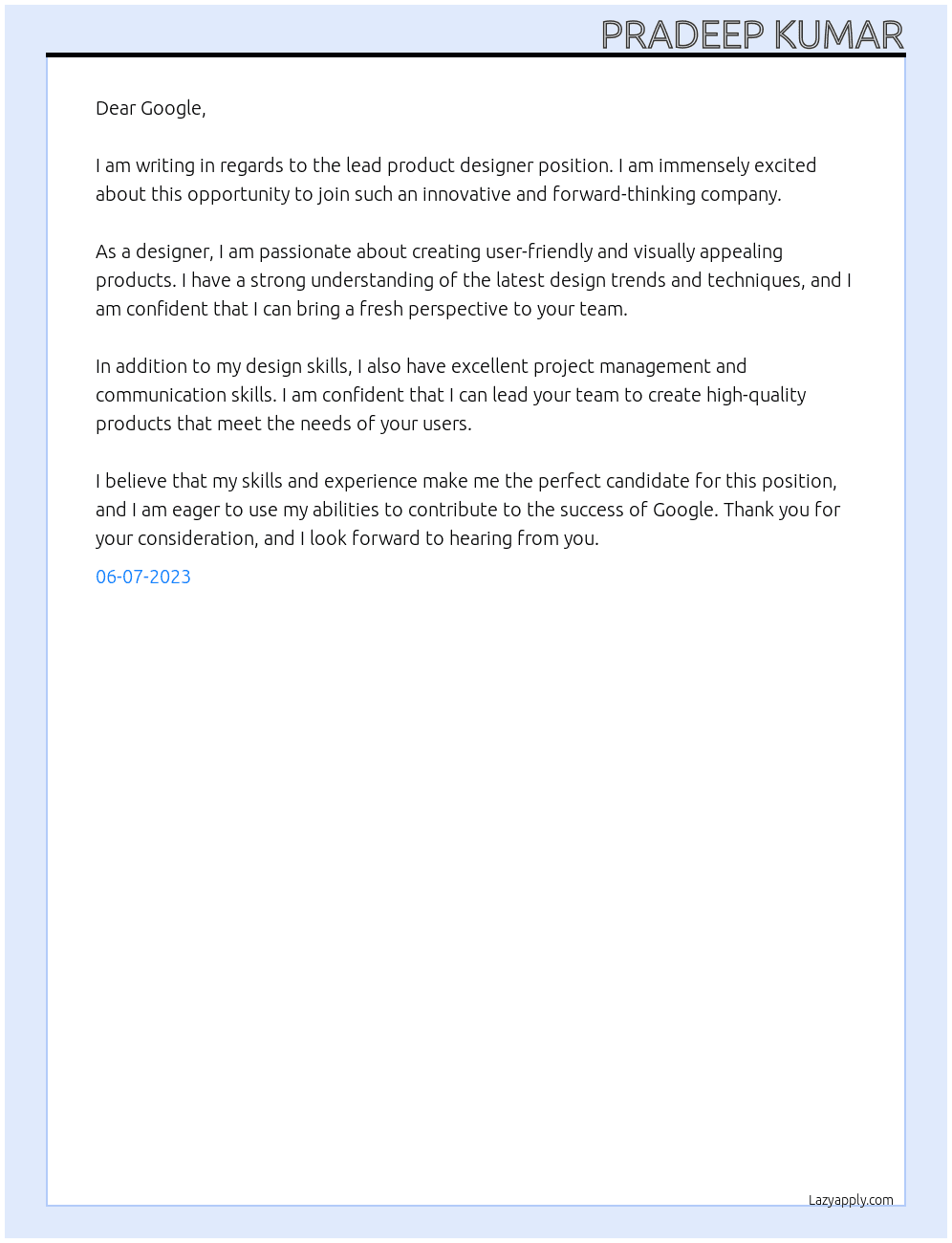 lead product designer At google Cover Letter
