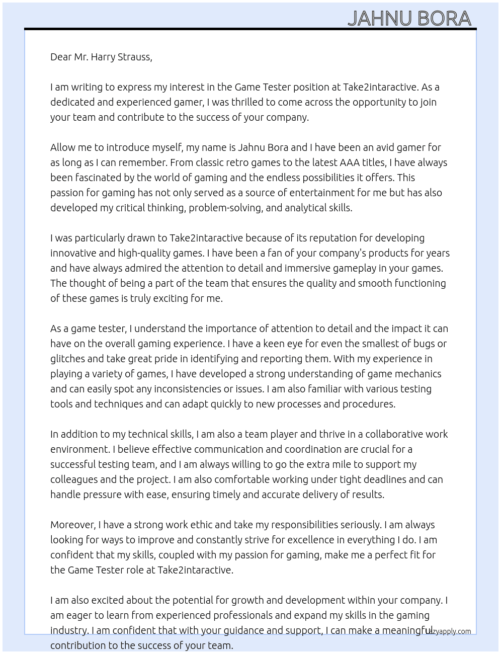 Game tester  At Take2intaractive  Cover Letter