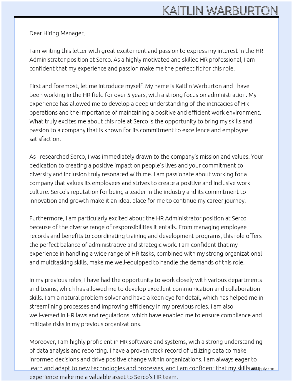 HR Administrator At Serco Cover Letter
