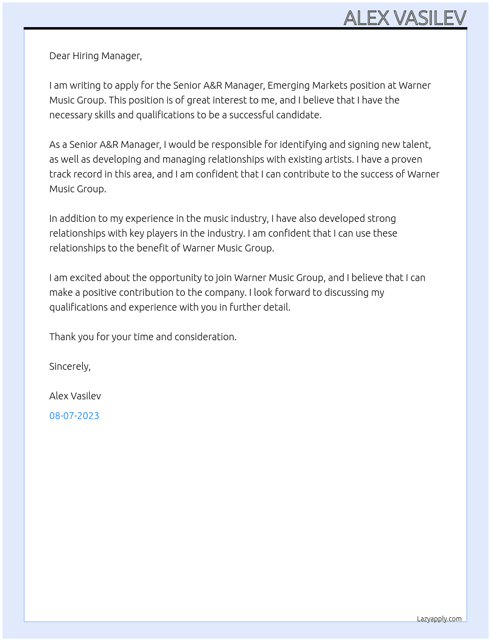 Senior A&R Manager, Emerging Markets At Warner Music Group Cover Letter
