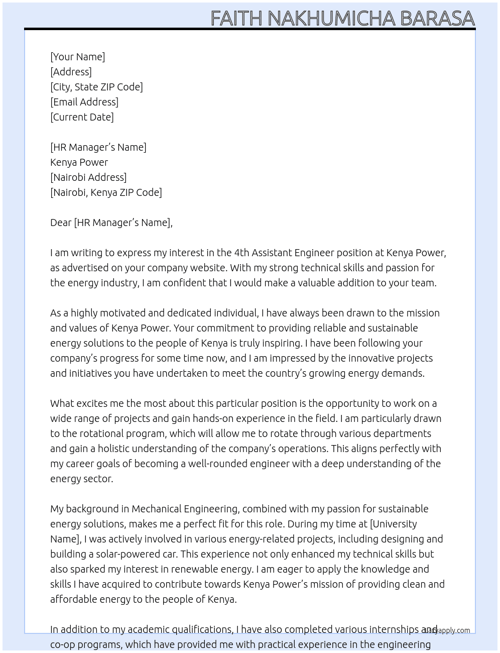 4th Assistant Engineer  At Kenya Power  Cover Letter