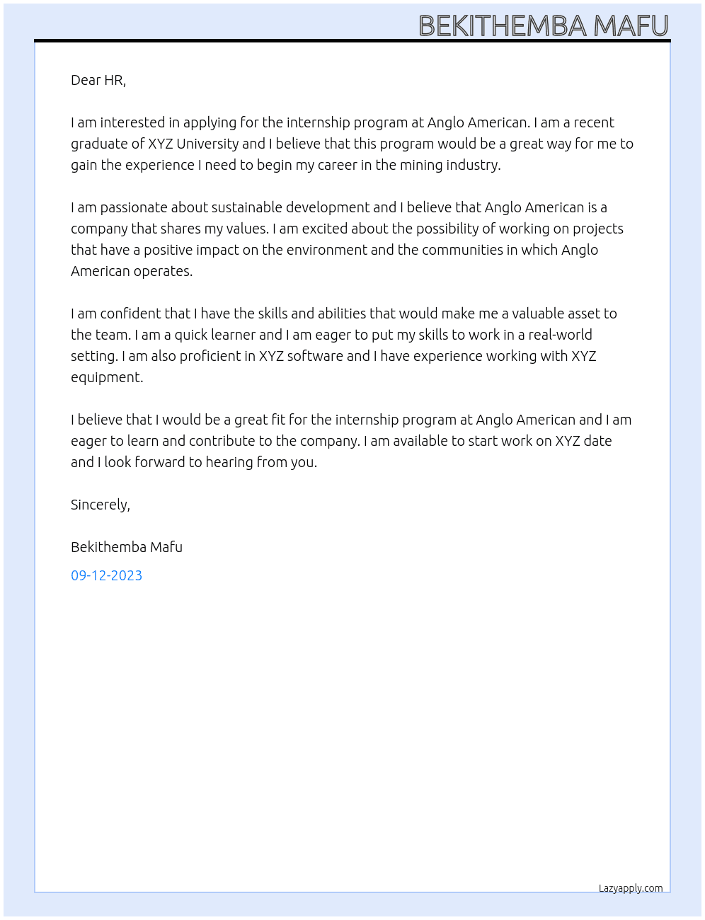Internship program  At Anglo American  Cover Letter