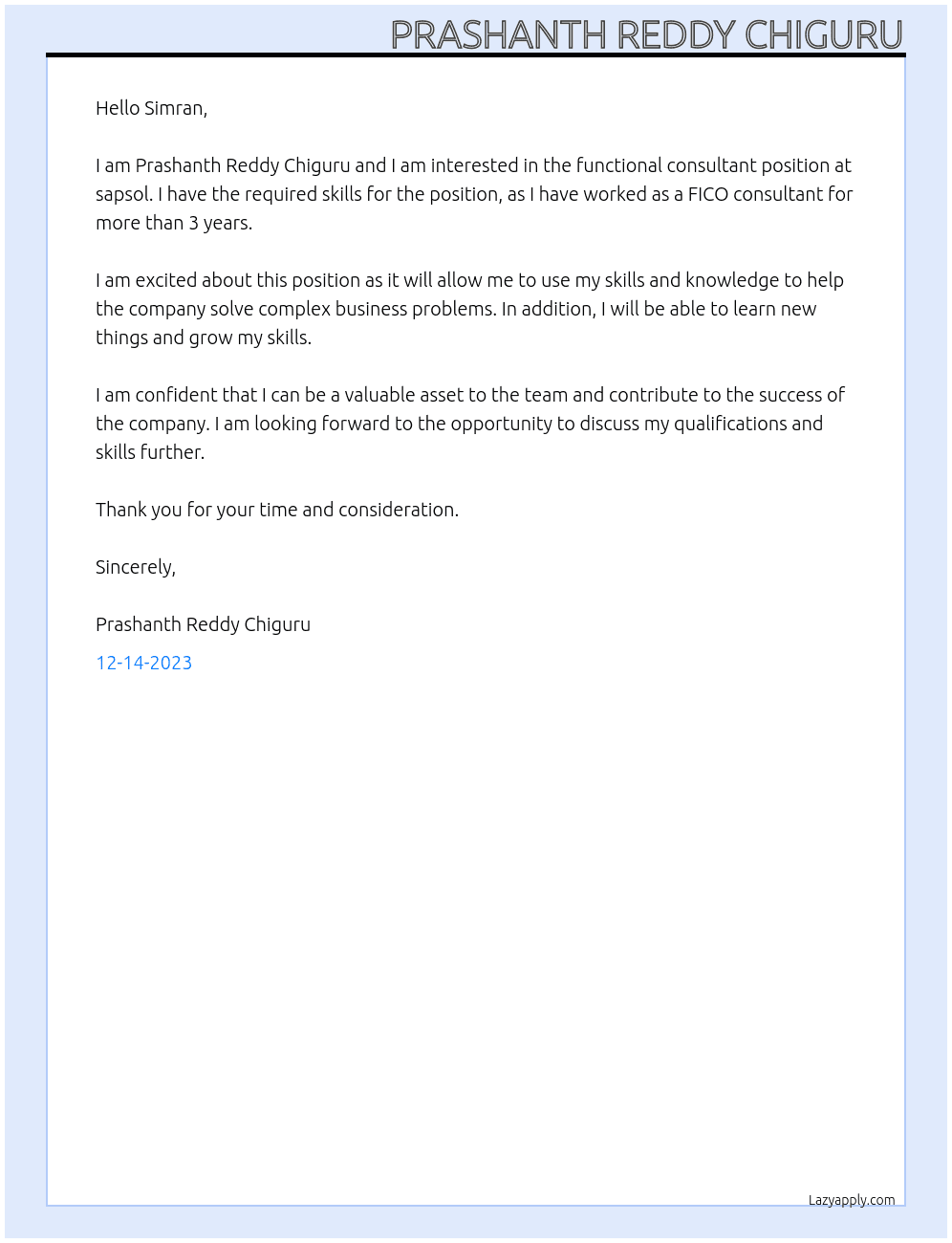 functional consultant At sapsol Cover Letter