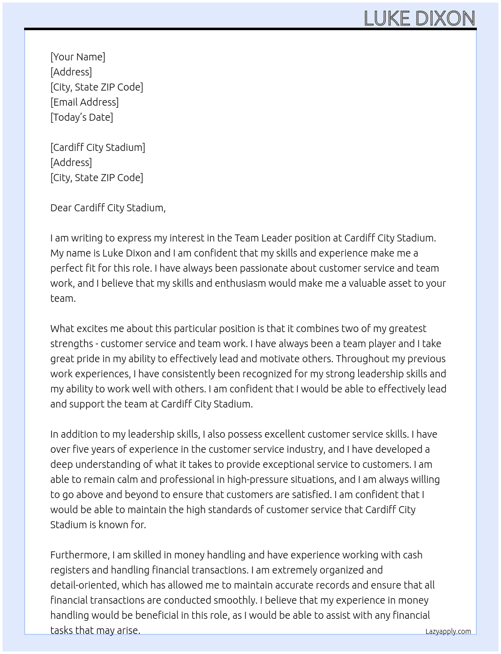 Team Leader At Cardiff City Stadium Cover Letter
