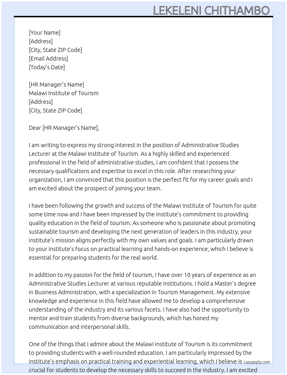 Administrative Studies Lecturer  At Malawi institute of Tourism  Cover Letter