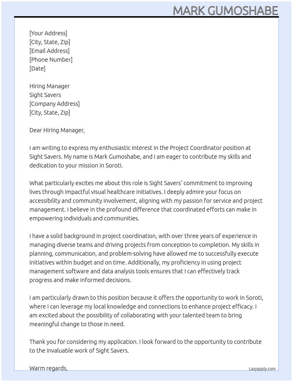 project coordinator At sight savers Cover Letter