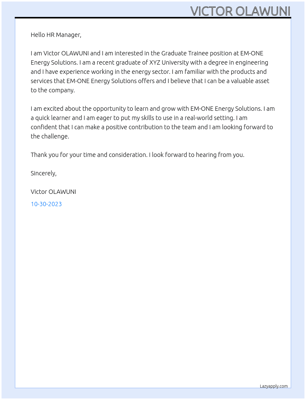 Graduate Trainee At EM-ONE Energy Solutions Cover Letter
