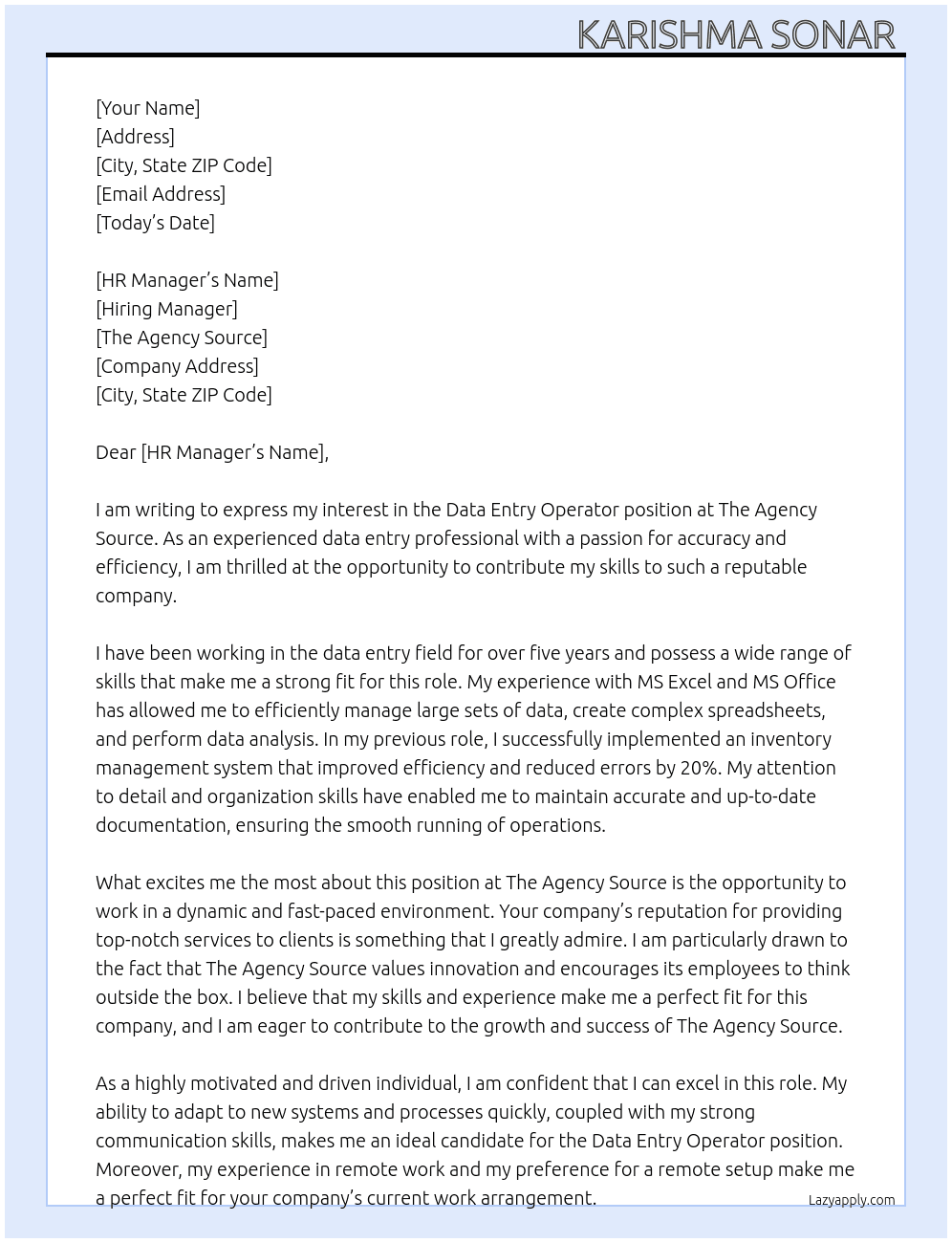 Data Entry Operator  At The Agency Source  Cover Letter