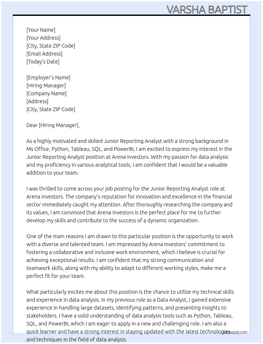 Junior reporting Analyst  At Arena investors  Cover Letter