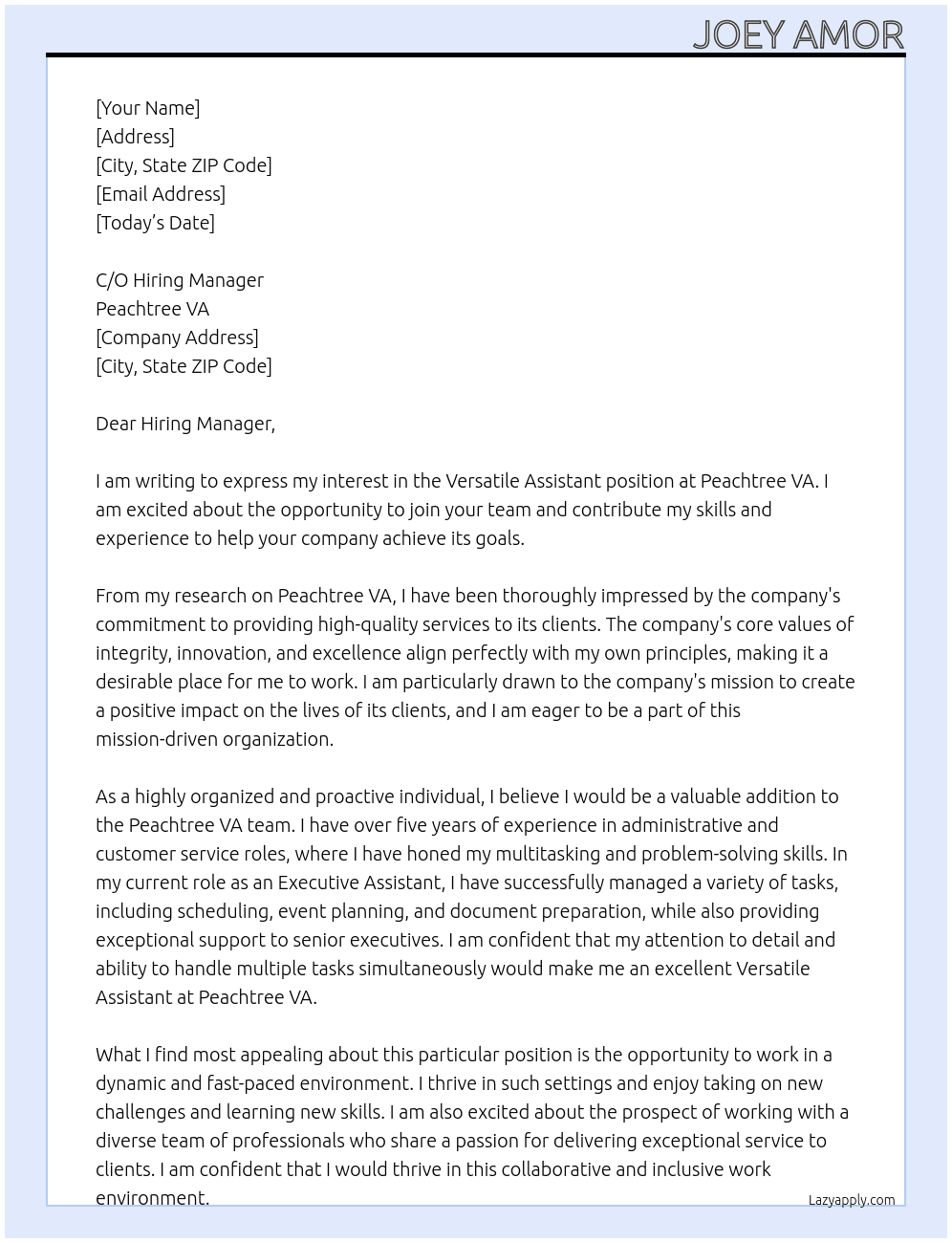 Versatile Assistant  At Peachtree VA Cover Letter