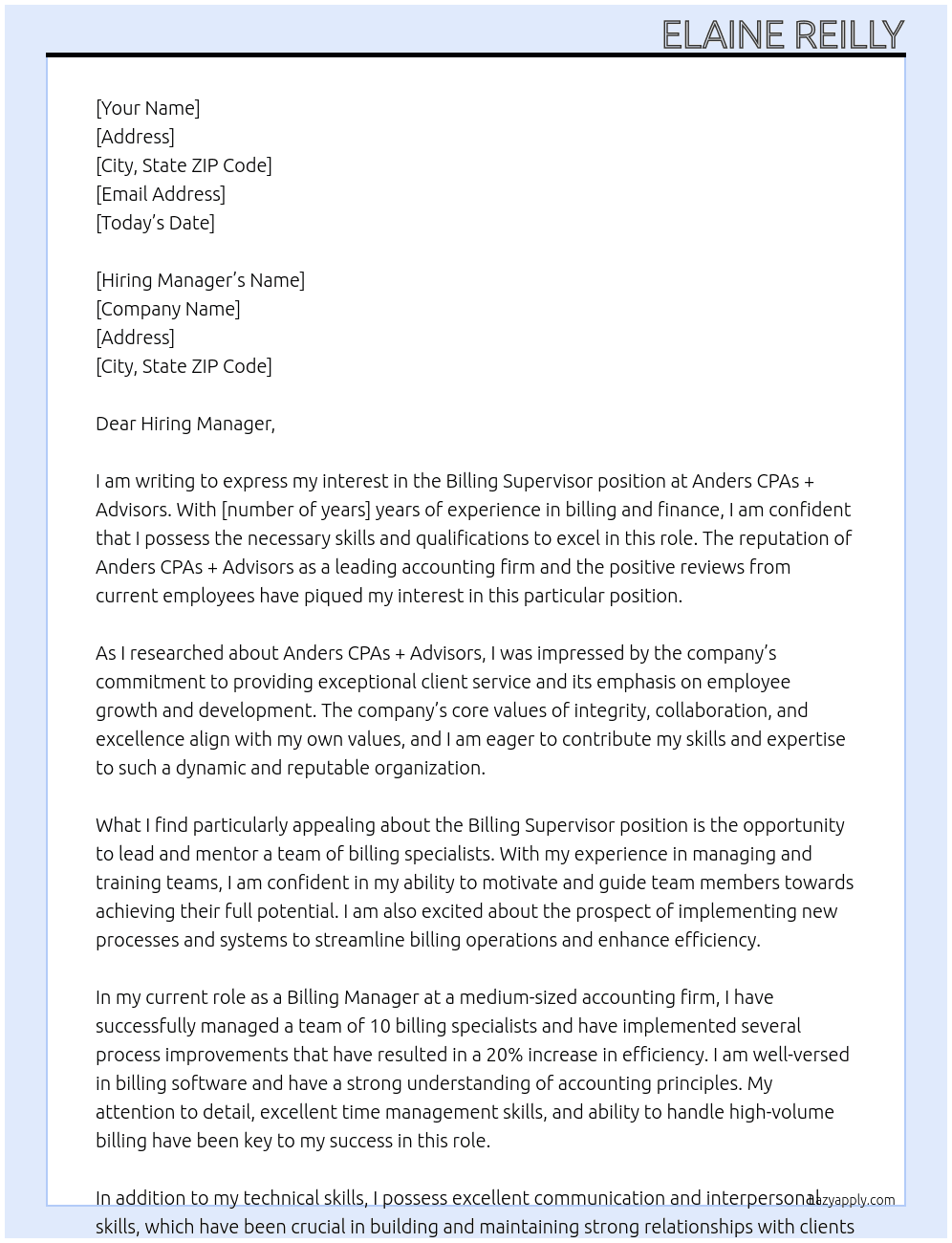 Billing Supervisor At Anders CPAs + Advisors Cover Letter