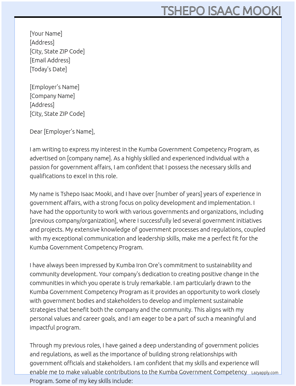 Kumba Government Competency Program At Kumba Iron Ore Cover Letter